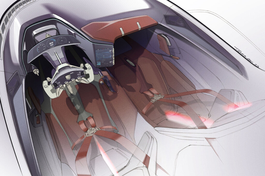 Drawing of a car from the top with brown seats and a yoke steering wheel