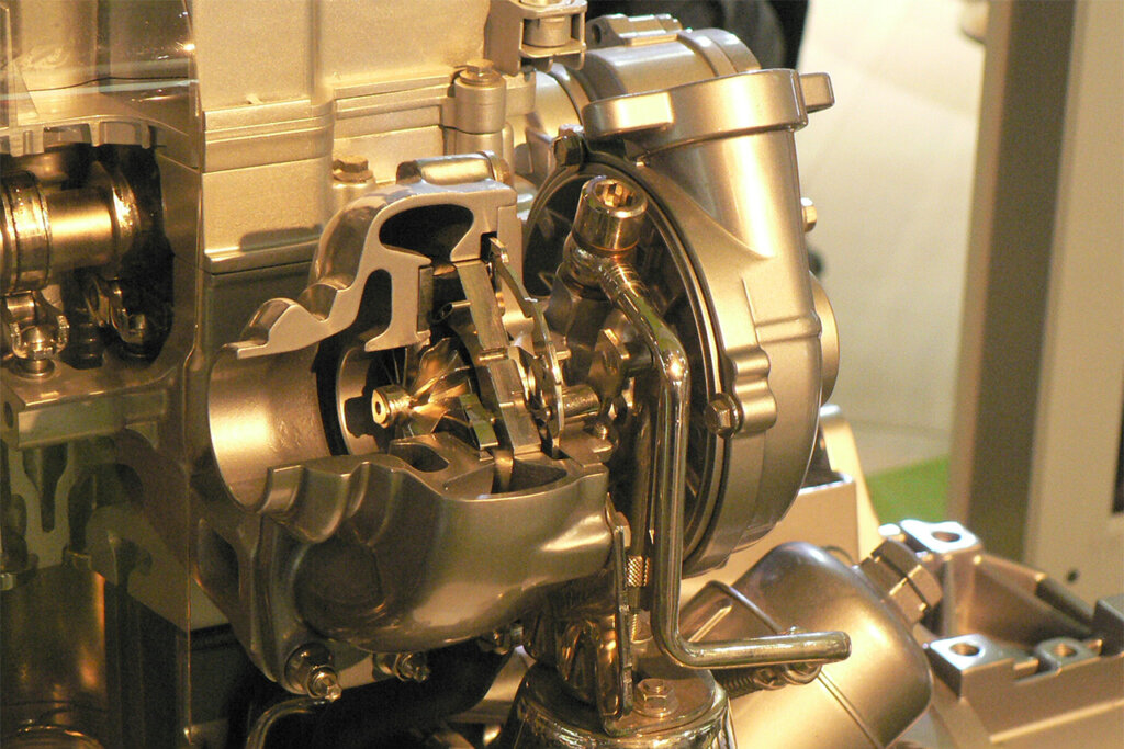 Turbo cut open exposing fans and internals with a light shining directly on it