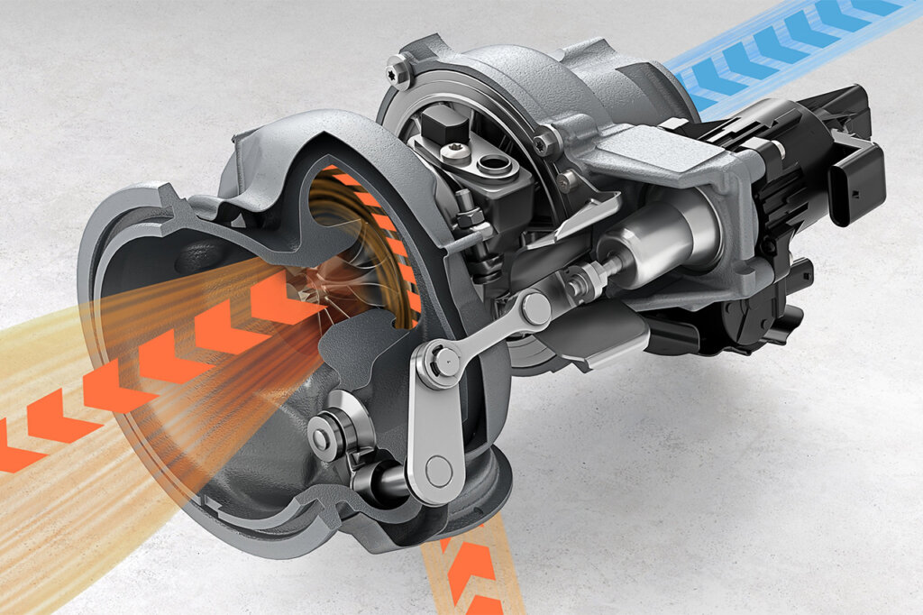 Turbocharger diagram with orange and blue colors depicting airflow pictured on a white background.
