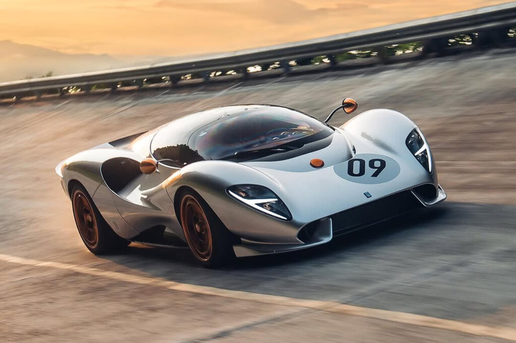 gray orange de tomaso p72 racing on a track