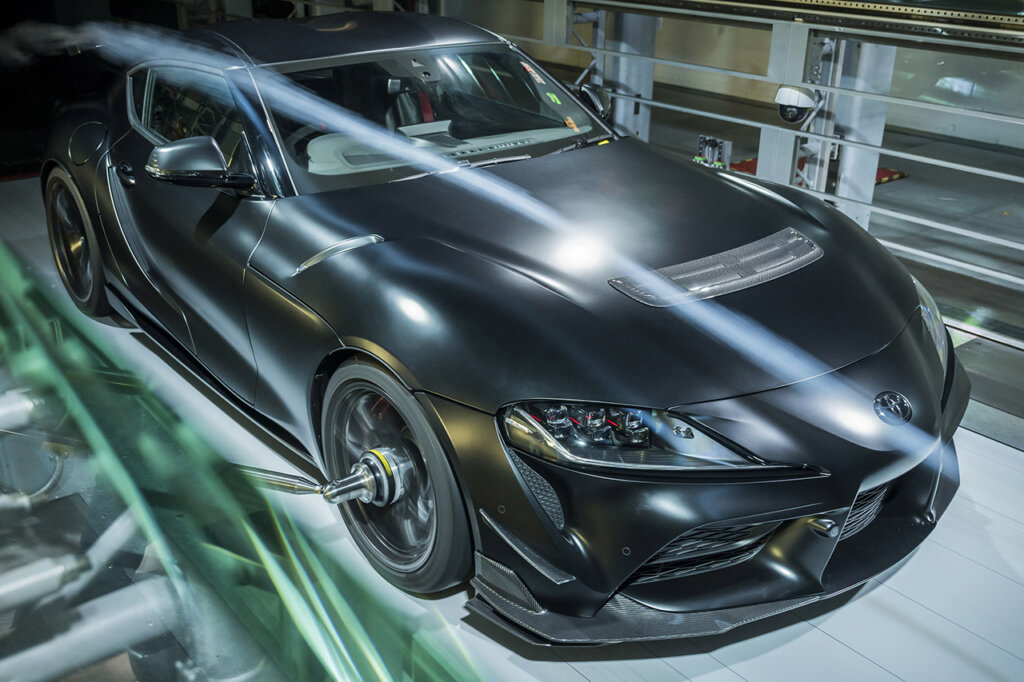 Black Final Edition A90 Supra in testing development phase with wind stream going across the top of the car.