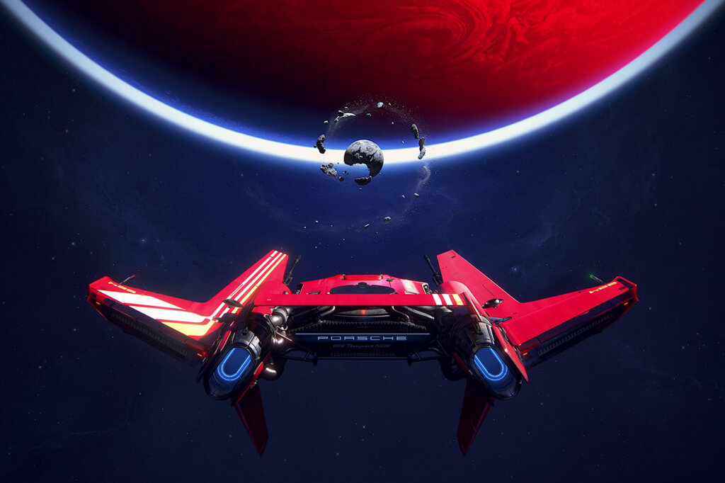 Red Porsche 984 Tempest NDX art shown with a moon destroyed with a swirl pattern coming out of it and a large red planet in the background.