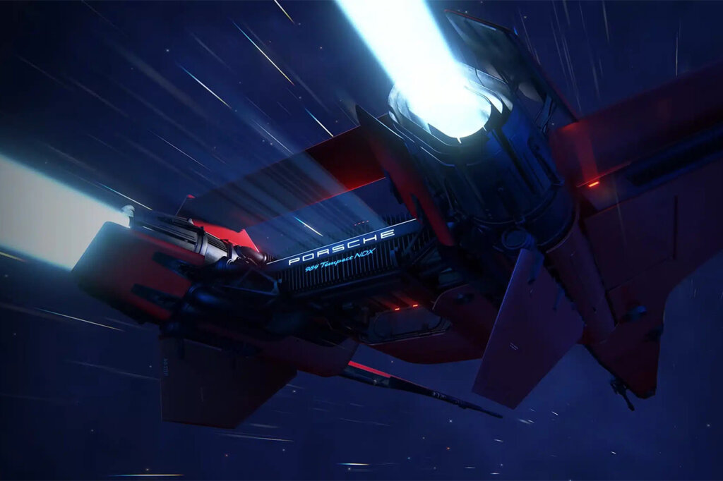 Red Porsche 984 Tempest NDX spaceship flying through space with jet engines leaving a stream of blue light and the Porsche logo faintly glowing.