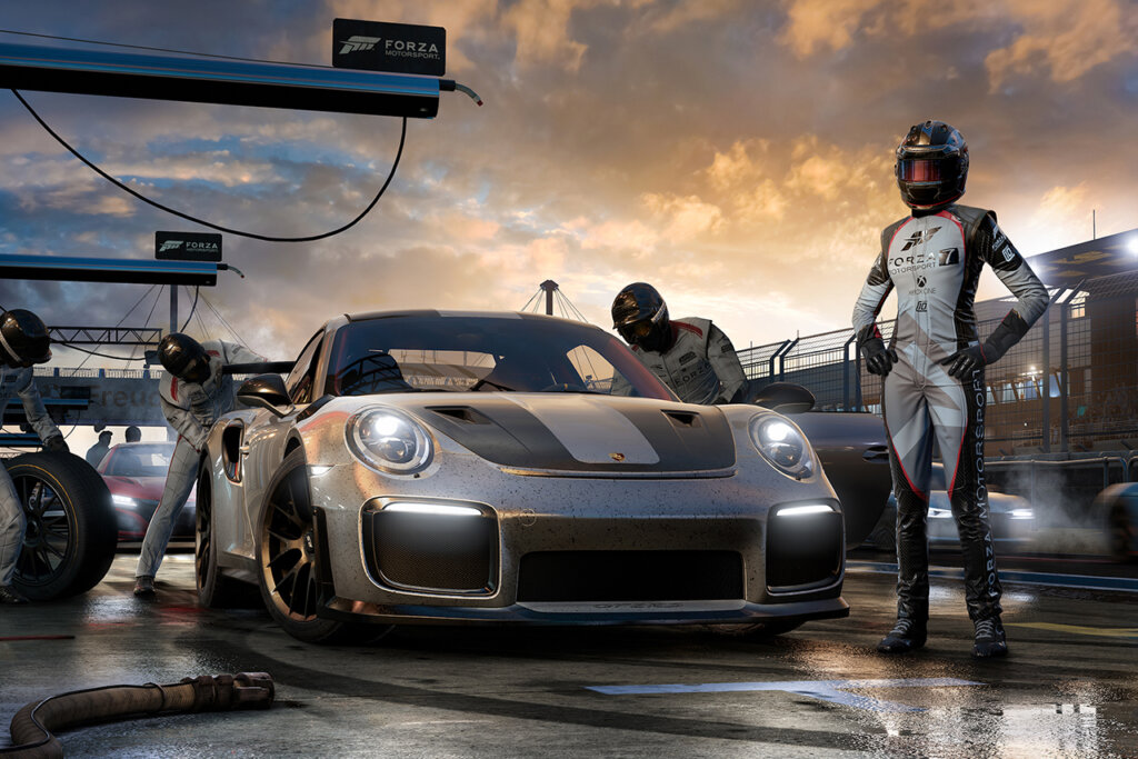 Forza Motorsport 2 art of a silver Porsche 911 and a character in racing gear and a helmet with sun setting in the background of a cloudy grey sky.