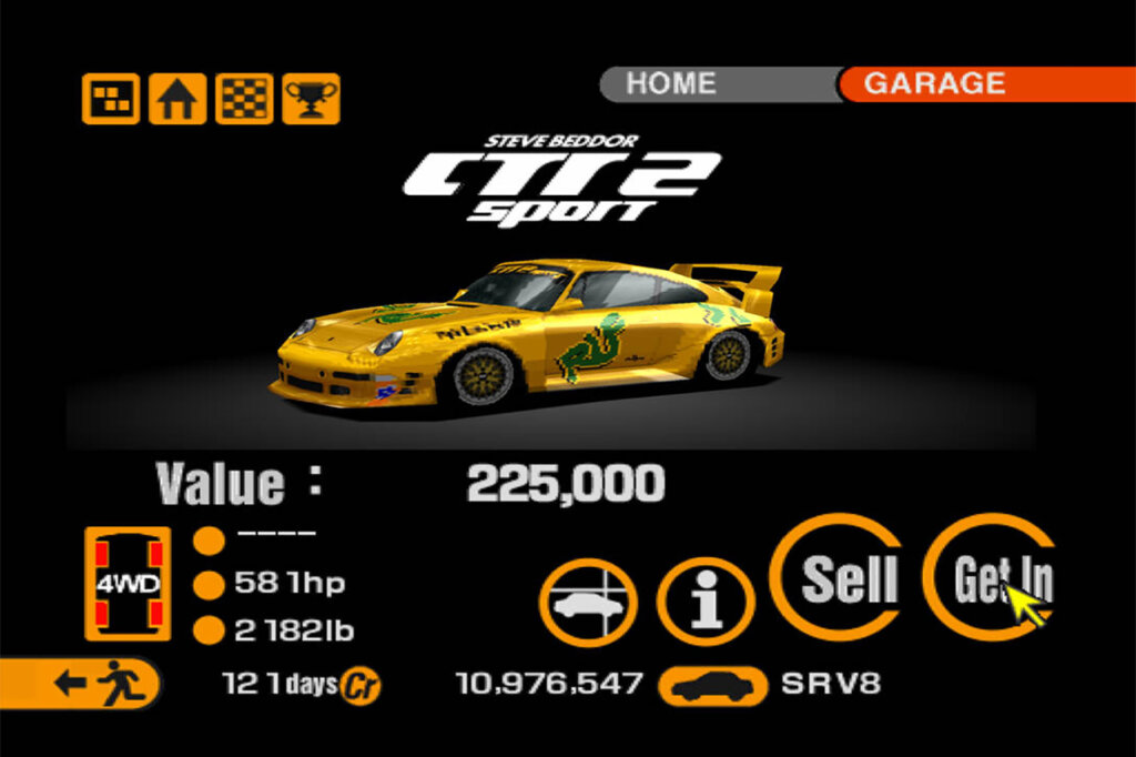 Gran Turismo 2 hud with logos words and icons and in the center is a yellow Porsche CTR2 Yellowbird car.