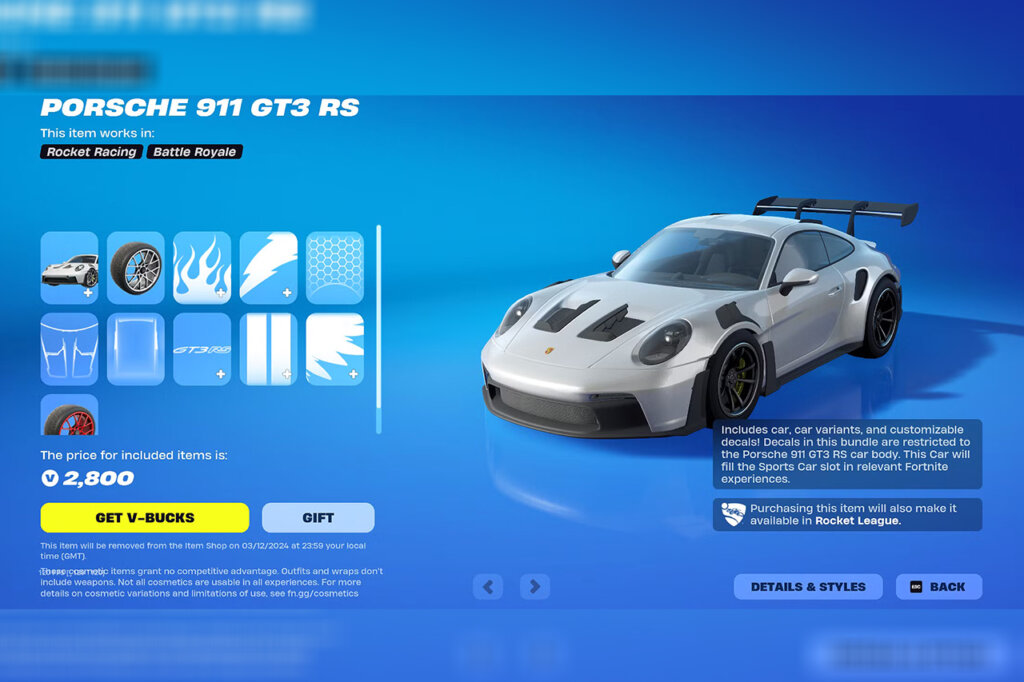 Purchase screen for Fortnite DLC of a Porsche 911 992 GT3 RS with blue gradient background and white icons and words.