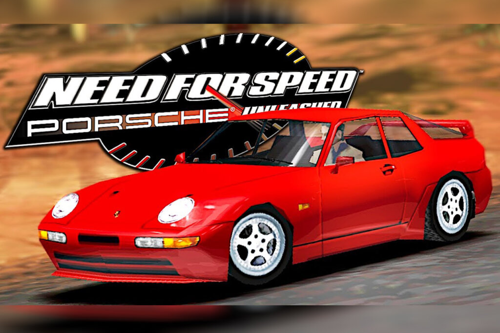 Need for Speed Porsche Unleashed logo behind a red video game Porsche 944 Turbo.