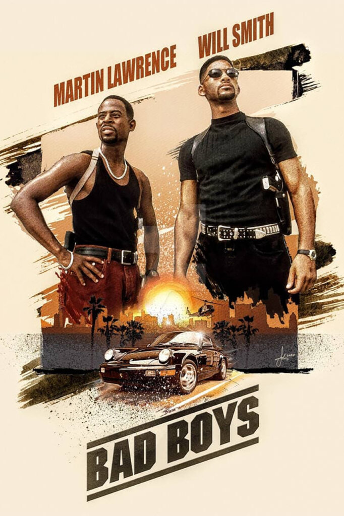 Movie Poster for the film Bad Boys with two actors Martin Lawrence and Will Smith above the iconic Black Porsche 911 930.