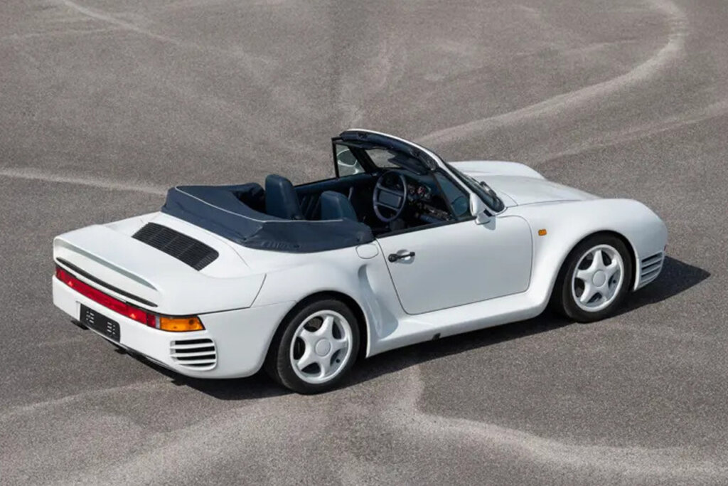 rear view of a white 1987 porsche 959 convertible