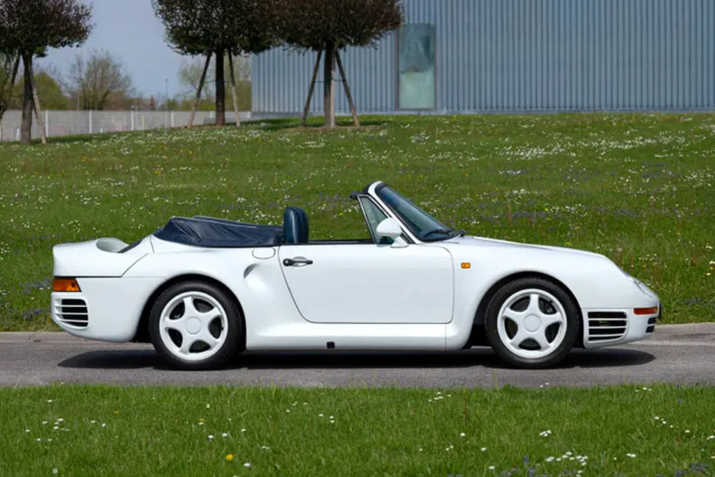 side view of one-off white porsche 959 speedster