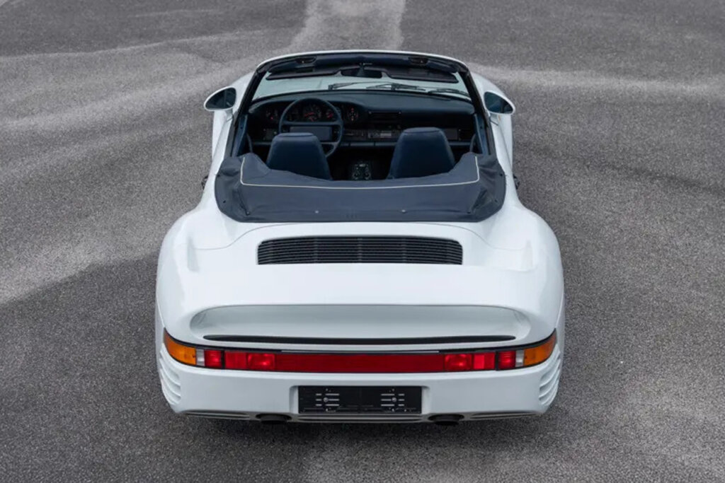 rear of white 1987 porsche 959 convertible