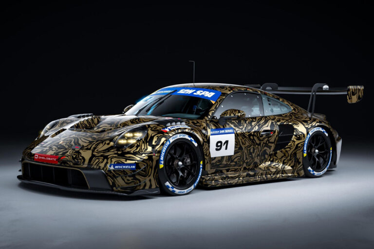 black gold camo patterned 2026 Porsche 911 GT3 R racecar