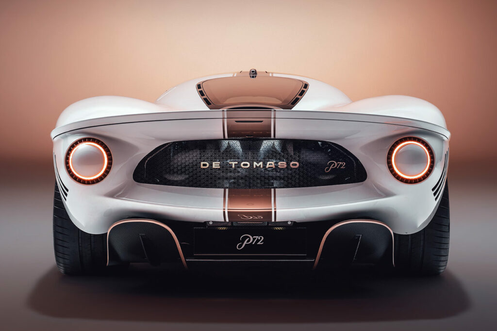 rear view of White and rose gold De Tomaso P72 production car