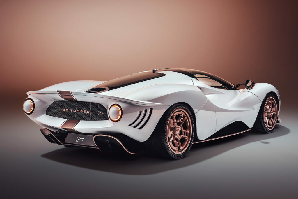 rear view of White and rose gold De Tomaso P72 production car
