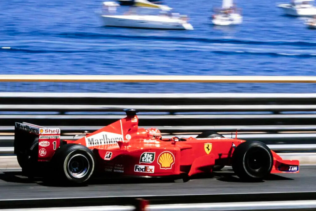 red ferrari f2001 f1 car driven by schumacher at monaco grand prix