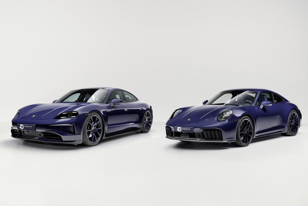 Purple Porsche Taycan 4S and 911 Carrera 4 GTS special edition