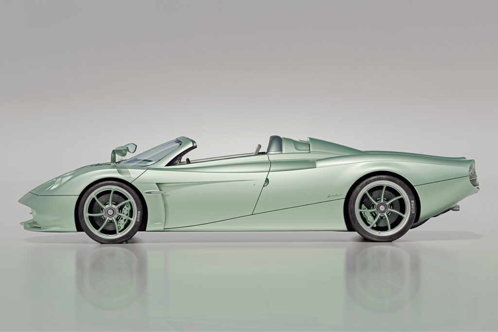 side view of green pagani huayra codalunga speedster top down