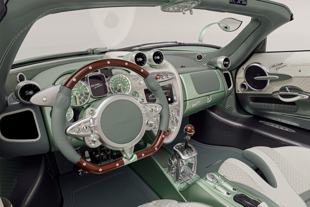interior of green pagani huayra codalunga speedster