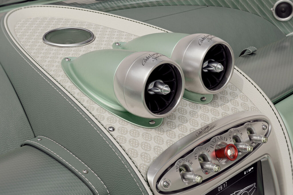 interior of green pagani huayra codalunga speedster