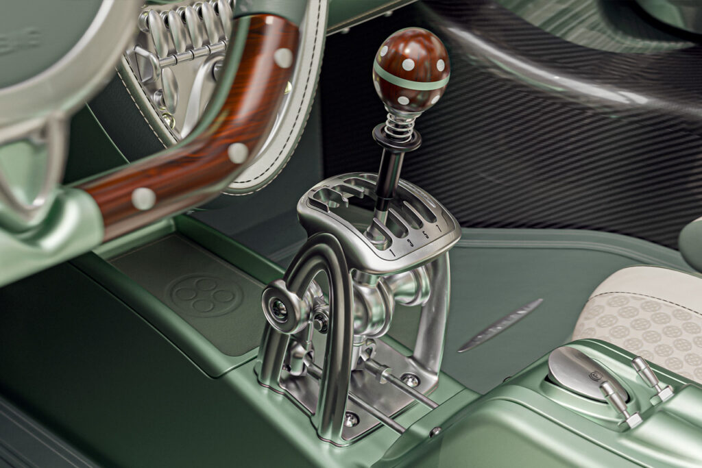 gear shifter of green pagani huayra codalunga speedster