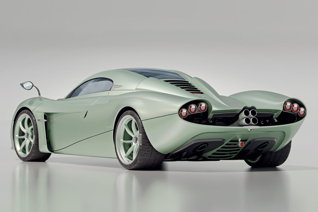 rear of green pagani huayra codalunga speedster with hard top