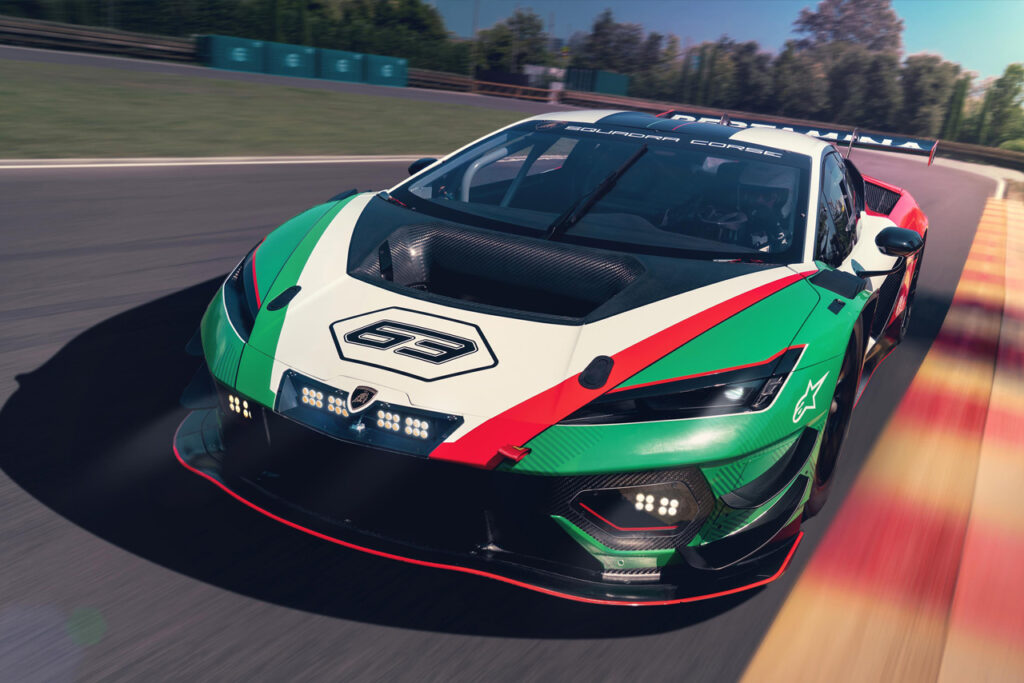 Green white and read Lamborghini Temerario GT3 on a race track