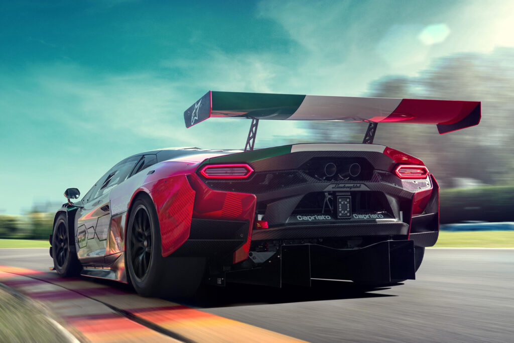 rear of Green white and read Lamborghini Temerario