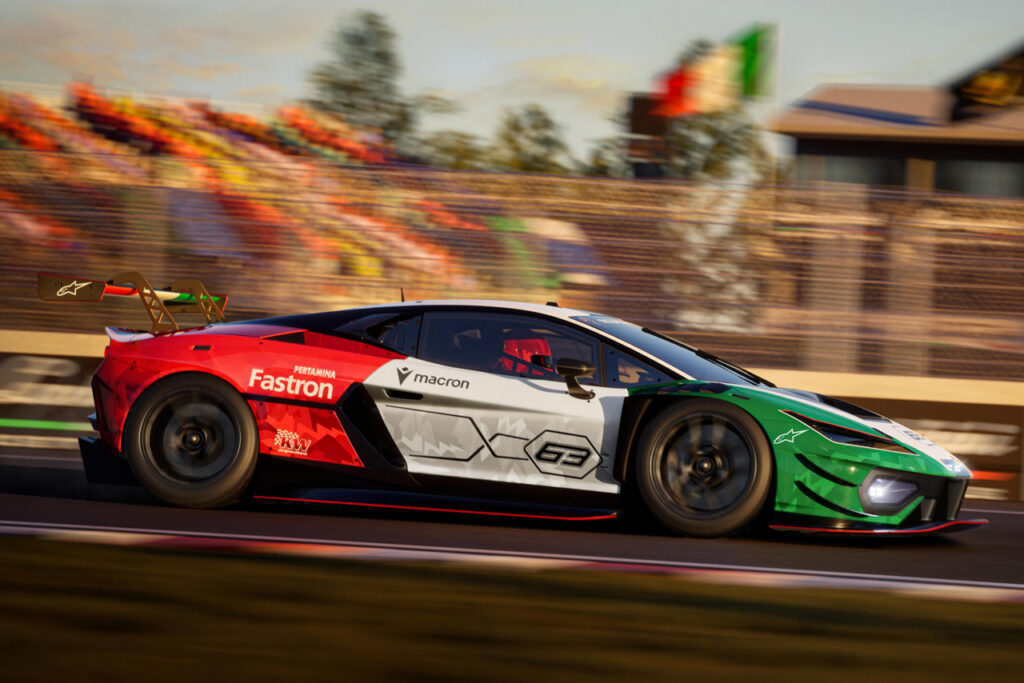 side view of Green white and read Lamborghini Temerario