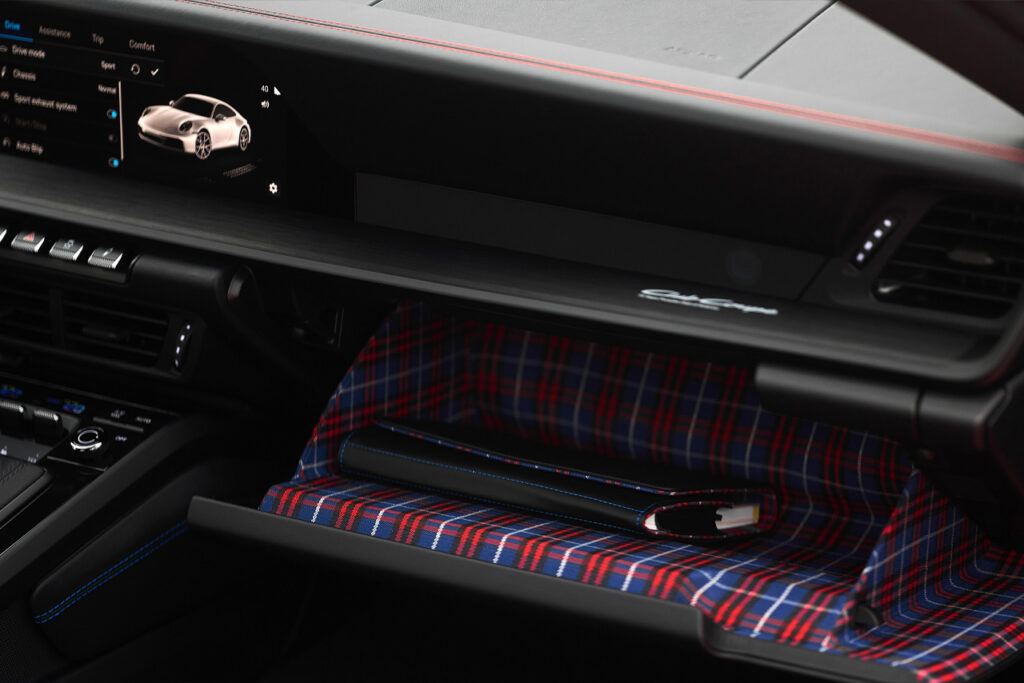 interior of Porsche 911 Club Coupe with tartan fabric