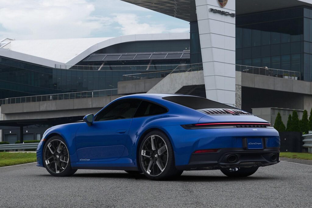rear of Blue Porsche 911 Carrera T Club Coupe