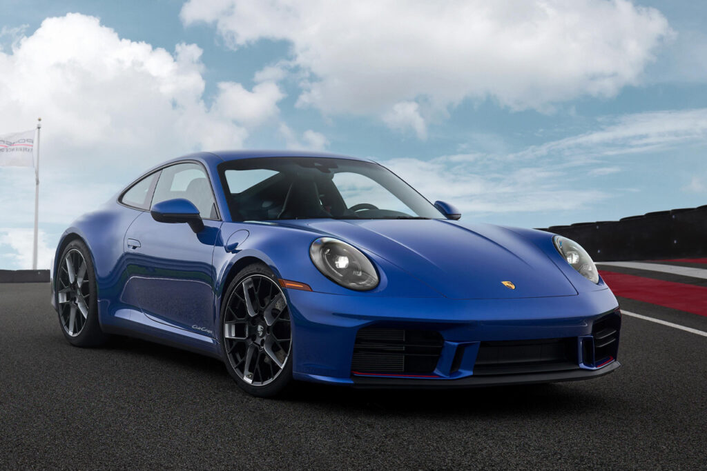 Blue Porsche 911 Carrera T Club Coupe on race track