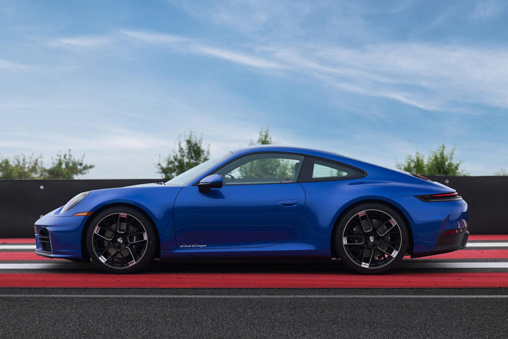 side view of Blue Porsche 911 Club Coupe