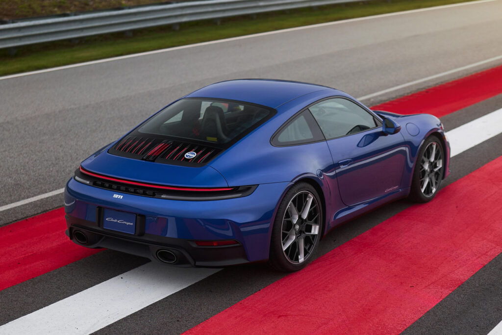 rear view of Blue Porsche 911 Carrera T Club Coupe