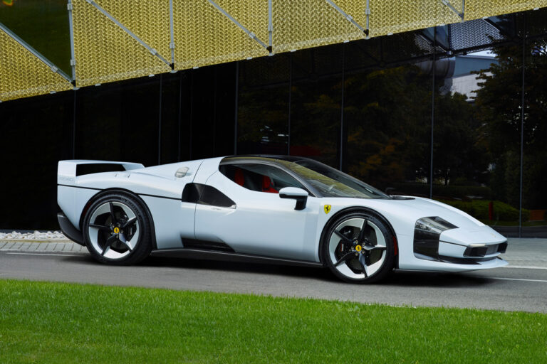 side angle of white ferrari sc40