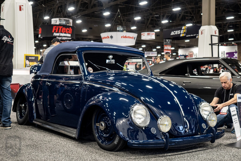 blue slammed Volkswagen Type 14A Hebmüller Cabriolet at sema 2025