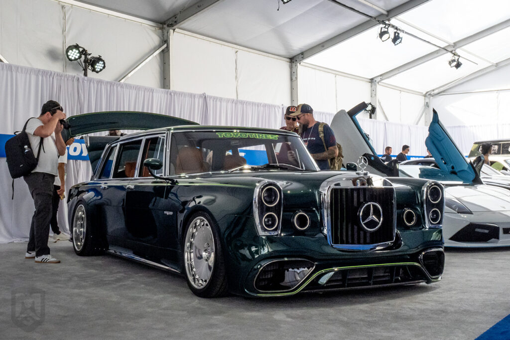 slang500 green 1971 Mercedes 600 body on a 2024 Mercedes S63 AMG chassis at sema 2025 toyo tires treadpass