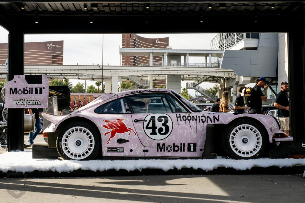 ken blocks hoonipigasus 2022 porsche 911 SVRSR pikes peak hill climb race car at the Hoonigan booth in the Silver lot of sema 2025