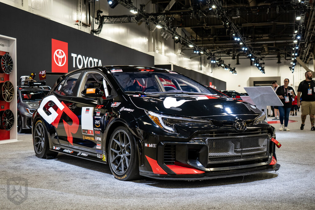 black toyota gr corolla at 2025 sema toyota booth