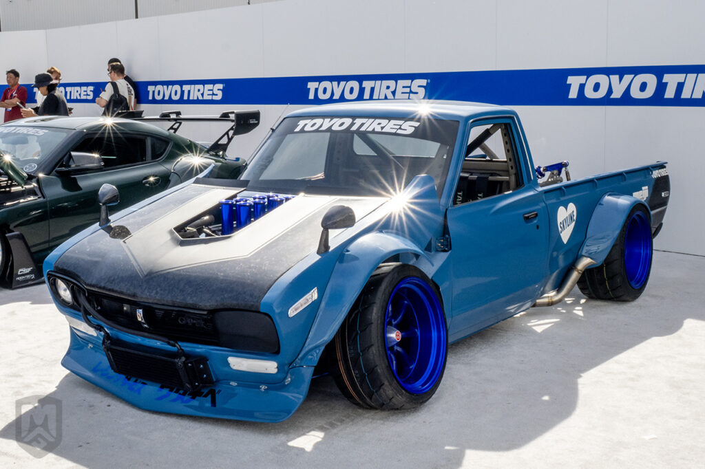 blue 1977 Datsun 620 Hakotora in toyo tires treadpass at sema 2025