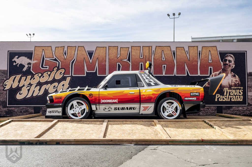 travis pastrana white orange red subaru brat gymkhana at sema 2025
