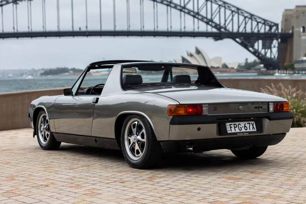 rear of liquid silver 1970 porsche 914 targa