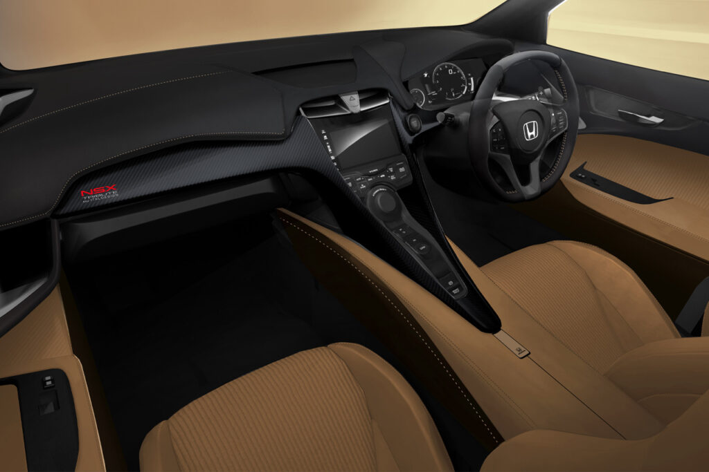 tan and black interior of white italdesign honda nsx tribute